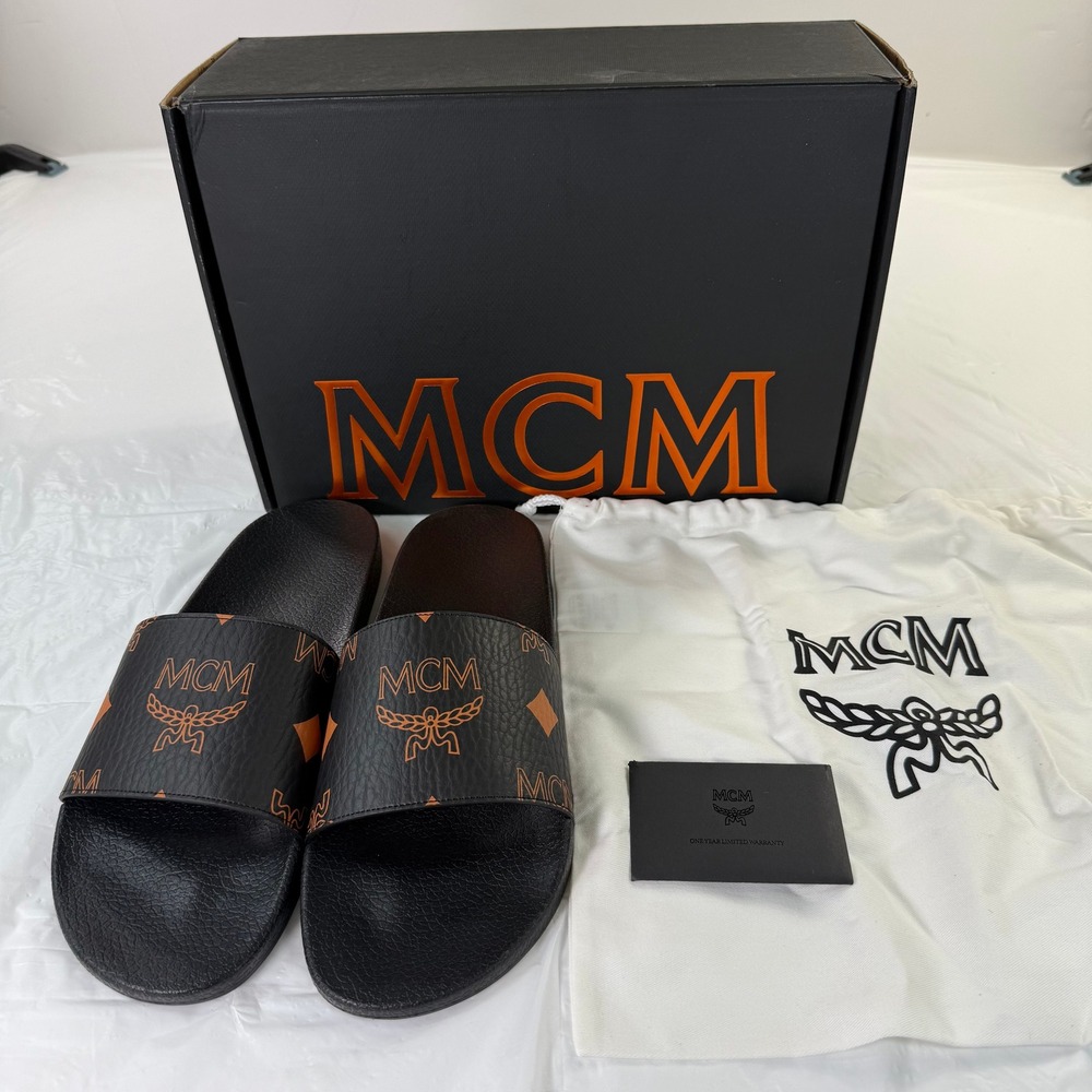 MCM Black Orange Visetos Monogram Logo Slide Sandals MEX DAMM01 BK046 Mens 13